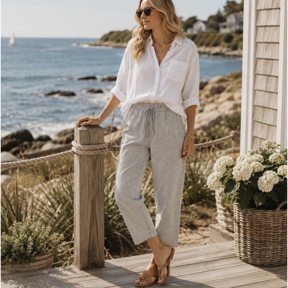J Crew Linen Cotton Drawstring‎ Pull On Ankle Pants Size 16 Gray Striped Coastal